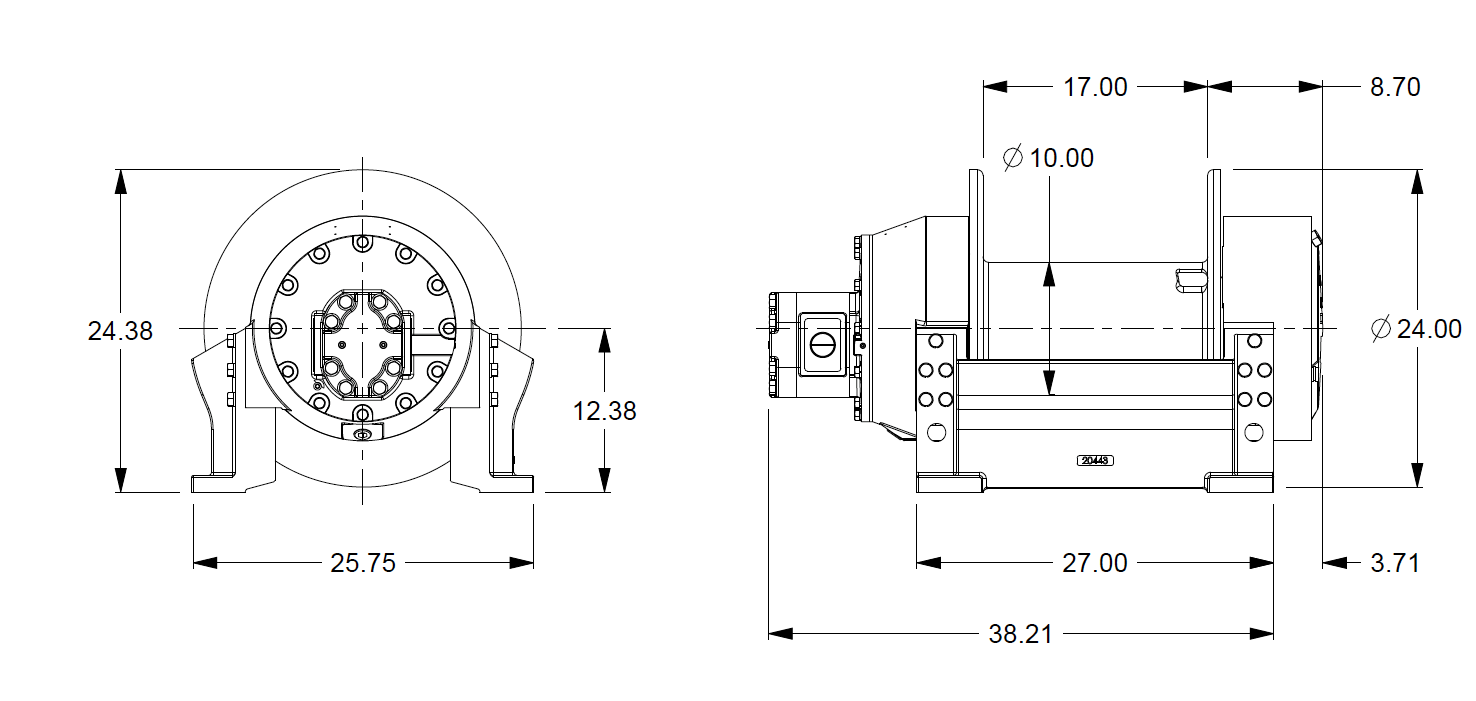M25-7-86-3  : Pullmaster Planetary Hydraulic Winch, Equal Speed, 25,000lb Bare Drum Pull, Auto Brake, CW, 115GPM Motor, 10.0" Barrel x 17.0" Length x 24.0" Flange