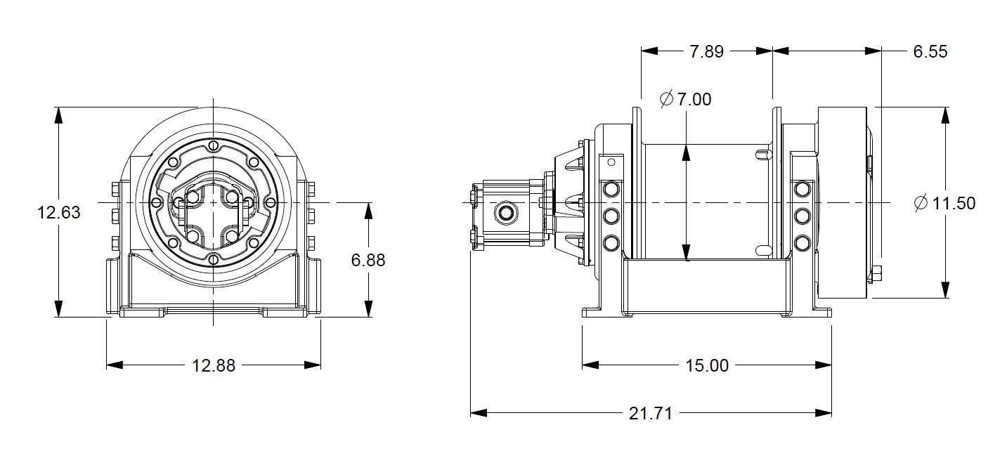 M5-3-230-1-B : Pullmaster Planetary Hydraulic Winch, Equal Speed, 6,000lb Bare Drum Pull, Auto Brake, CW, 14.5GPM Motor, 7.0" Barrel x 8.0" Length x 11.5" Flange