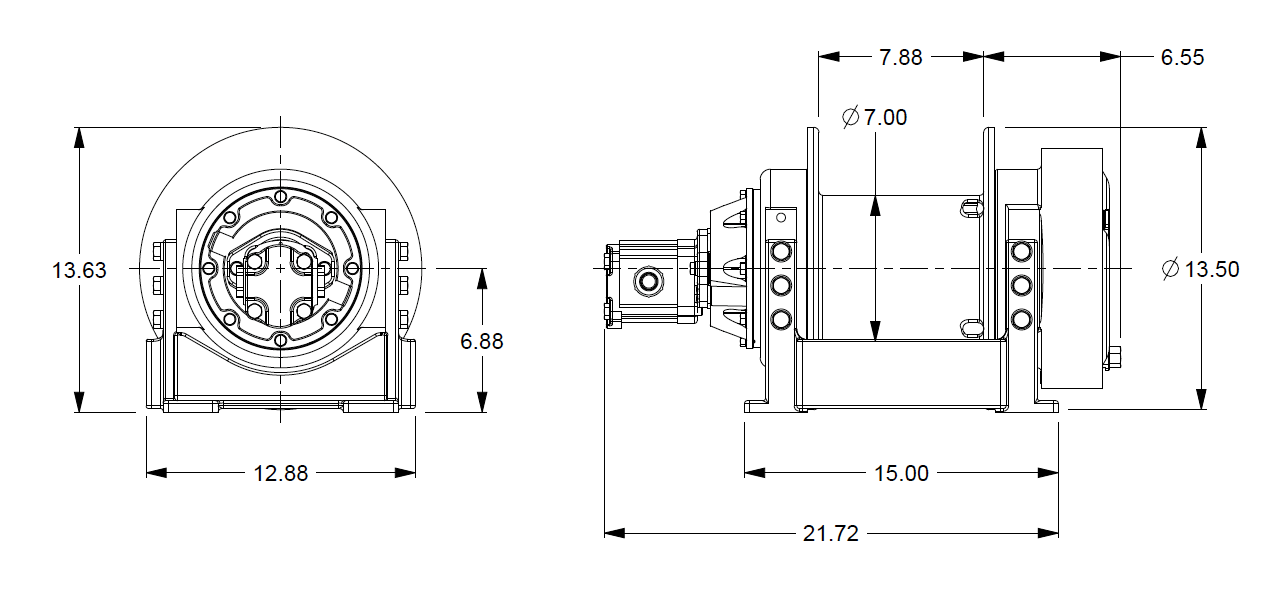 M5-3-230-2-B : Pullmaster Planetary Hydraulic Winch, Equal Speed, 6,000lb Bare Drum Pull, Auto Brake, CW, 14.5GPM Motor, 7.0" Barrel x 8.0" Length x 13.5" Flange