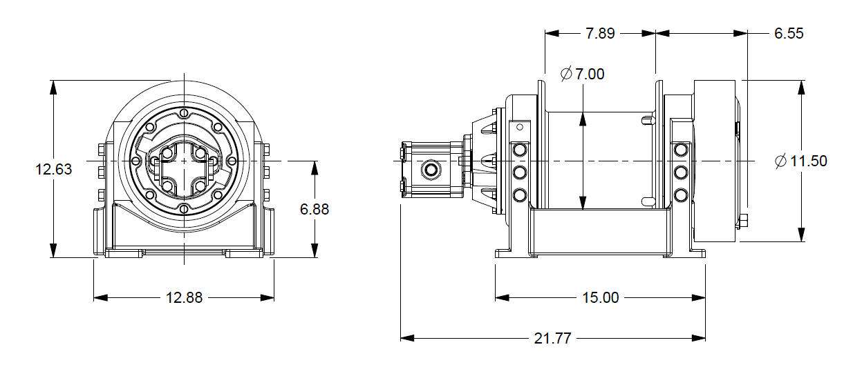 M5-6-230-1-B : Pullmaster Planetary Hydraulic Winch, Equal Speed, 6,000lb Bare Drum Pull, Auto Brake, CCW, 14.5GPM Motor, 7.0" Barrel x 8.0" Length x 11.5" Flange