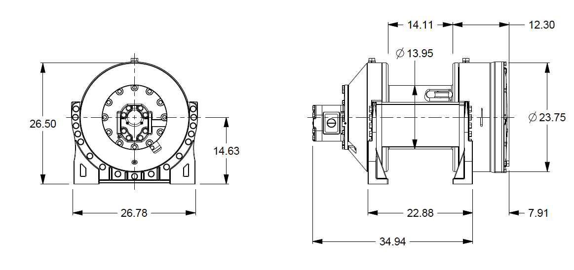 M50-7-86-1F : Pullmaster Planetary Hydraulic Winch, Equal Speed, 50,000lb Bare Drum Pull, Auto Brake, CW, 115GPM Motor, With Hydraulic Freespool, 14.0" Barrel x 14.0" Length x 23.75" Flange