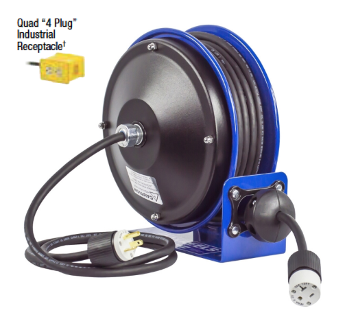 PC10-3012-B : Coxreels PC10-3012-B Compact efficient heavy duty power cord reel with a quad "4 Plug" industrial receptacle