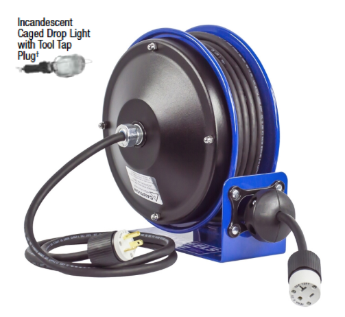 PC10-3016-E : Coxreels PC10-3016-E Compact efficient heavy duty power cord reel with a incandescent caged drop light with tool tap