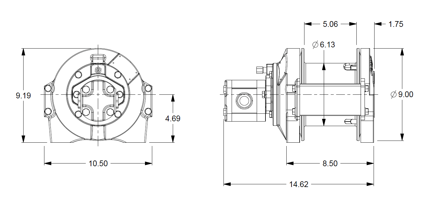 PL2-12-228-1-B : Pullmaster Planetary Hydraulic Winch, Equal Speed, 2,200lb Bare Drum Pull, Auto Brake, CCW, 7.7GPM Motor, 6.13" Barrel x 5.25" Length x 9.0" Flange