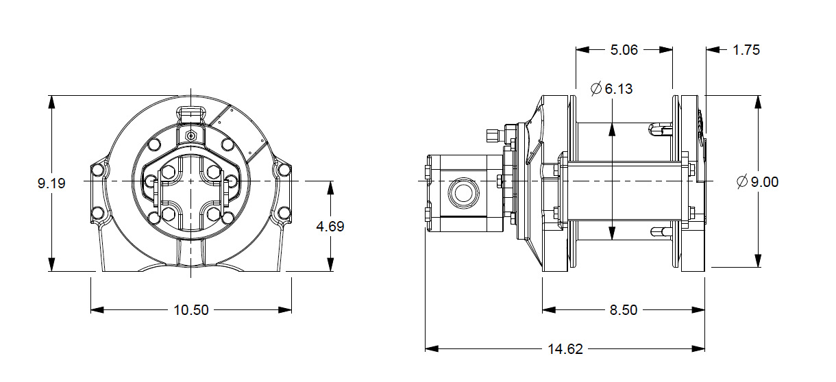 PL2-15-228-1-B : Pullmaster Planetary Hydraulic Winch, Equal Speed, 2,200lb Bare Drum Pull, Auto Brake, CW, 7.7GPM Motor, 6.13" Barrel x 5.25" Length x 9.0" Flange