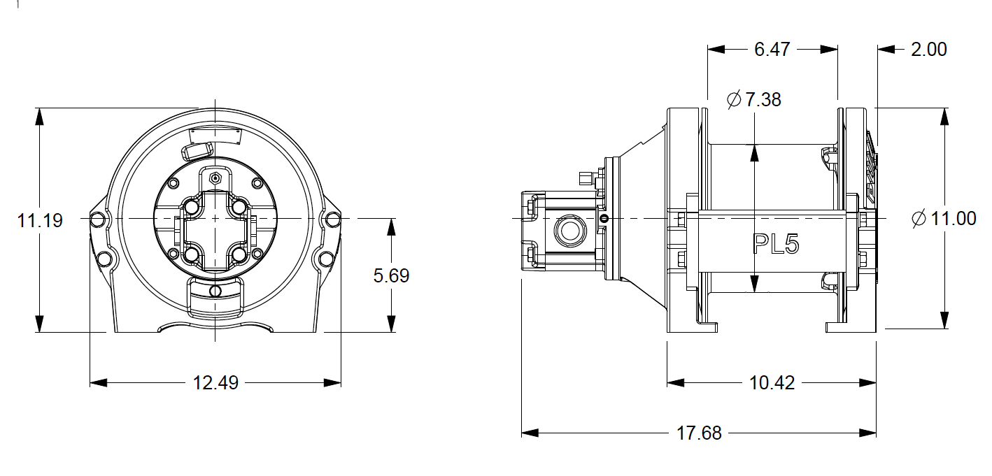 PL5-12-213-1 : Pullmaster Planetary Hydraulic Winch, Equal Speed, 2,000lb Bare Drum Pull, Auto Brake, CCW, 11GPM Motor,  7.38" Barrel x 6.56" length x 11.0" Flange