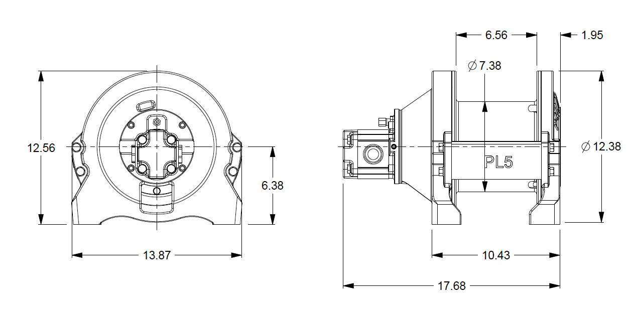PL5-12-213-2 : Pullmaster Planetary Hydraulic Winch, Equal Speed, 2,000lb Bare Drum Pull, Auto Brake, CCW, 11GPM Motor,  7.38" Barrel x 6.56" length x 12.38" Flange