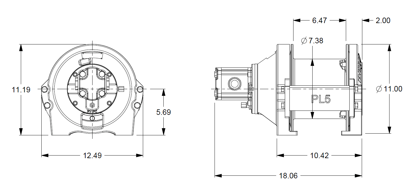 PL5-14-211-1 : Pullmaster Planetary Hydraulic Winch, Equal Speed, 4,000lb Bare Drum Pull, Auto Brake, Ext Brake Release, CW, 11GPM Motor,  7.38" Barrel x 6.56" length x 11.0" Flange