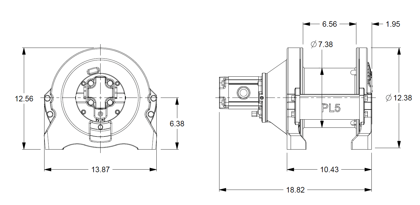 PL5-15-210-2 : Pullmaster Planetary Hydraulic Winch, Equal Speed, 4,500lb Bare Drum Pull, Auto Brake, CW, 24GPM Motor, 7.38" Barrel x 6.56" length x 12.38" Flange
