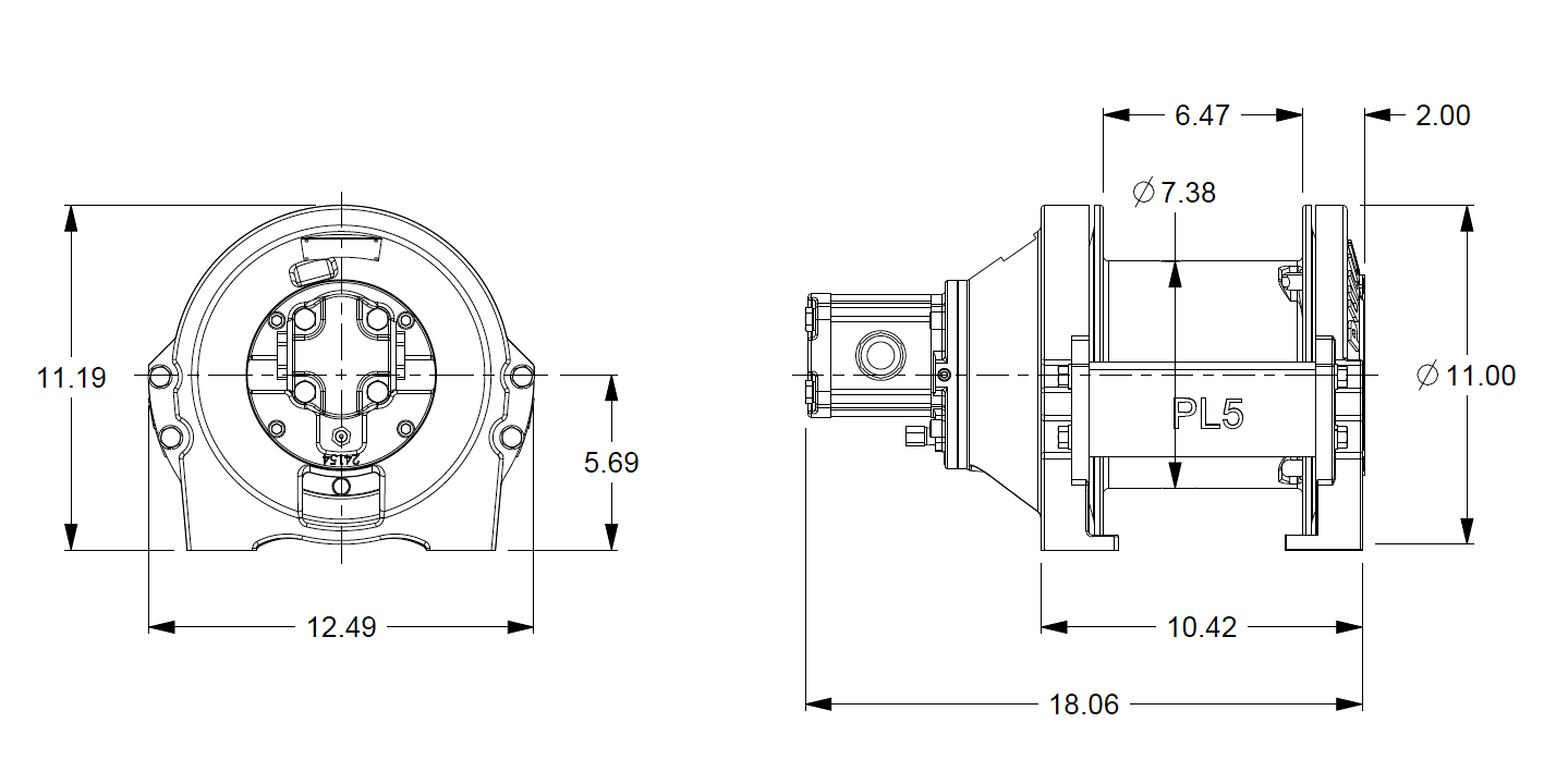 PL5-15-211-1 : Pullmaster Planetary Hydraulic Winch, Equal Speed, 4,000lb Bare Drum Pull, Auto Brake, CW, 11GPM Motor,  7.38" Barrel x 6.56" length x 11.0" Flange