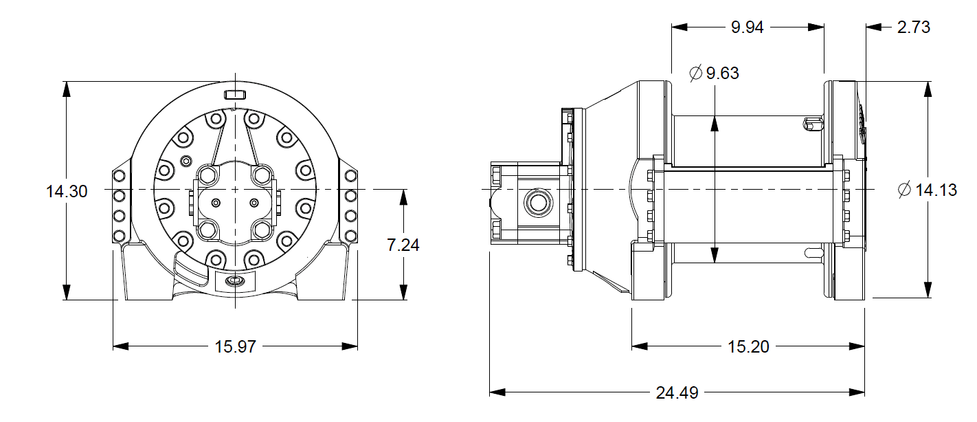 PL8-3-30-2 : Pullmaster Planetary Hydraulic Winch, Equal Speed, 7,000lb Bare Drum Pull, Auto Brake, CCW, 37GPM Motor, 9.63" Barrel x 10.0" Length x 14.13" Flange