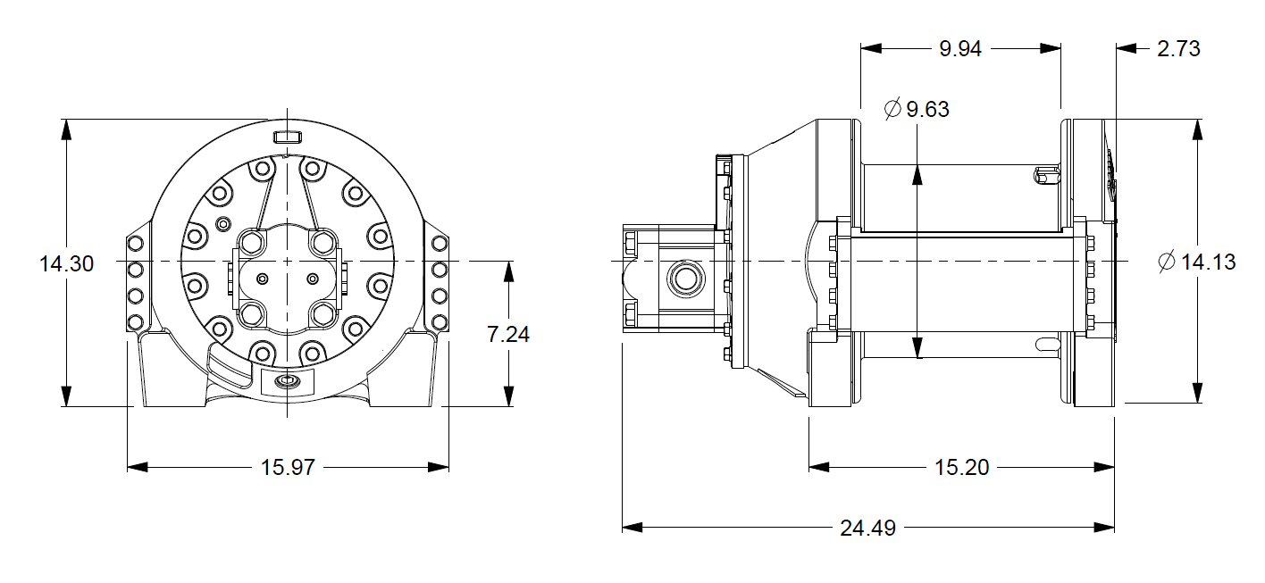 PL8-6-30-2 : Pullmaster Planetary Hydraulic Winch, Equal Speed, 7,000lb Bare Drum Pull, Auto Brake, CW, 37GPM Motor, 9.63" Barrel x 10.0" Length x 14.13" Flange