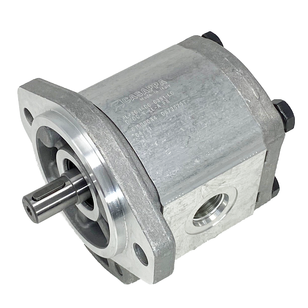 PLM20.16R0-31S1-LOC/OD-N-EL : Casappa Polaris Gear Motor, 16.85cc, 3625psi Rated, 3000RPM, Reversible Rear External Drain, 5/8" Bore x 5/32" Key Shaft, SAE A 2-Bolt Flange, 0.625 (5/8") #10 SAE Inlet, 0.75 (3/4") #12 SAE Outlet, Aluminum Body & Flange
