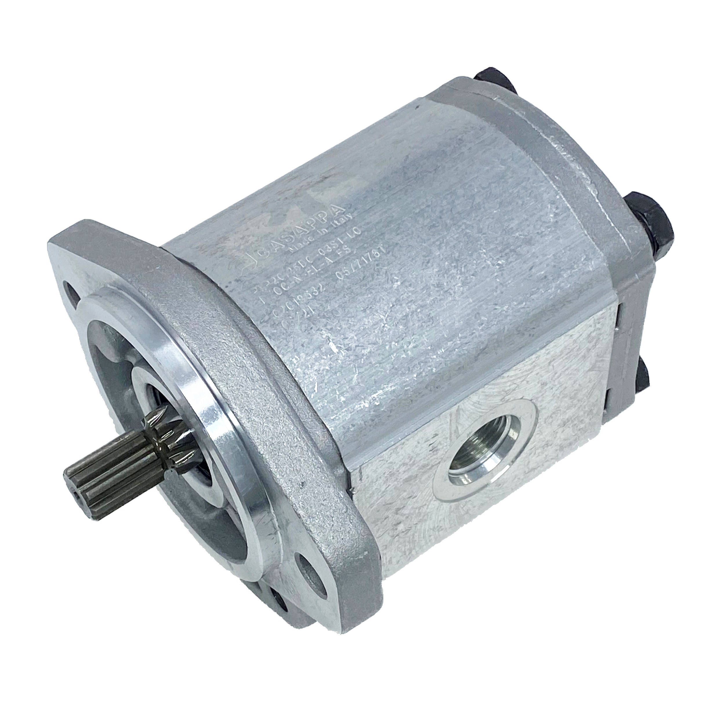 PHP20.27,8S0-03S9-LOG/OC-N-EL : Casappa Polaris Gear Pump, 28.21cc, 2900psi Rated, 2500RPM, CCW, 9T 16/32dp Shaft, SAE A 2-Bolt Flange, 1.25" #20 SAE Inlet, 0.625 (5/8") #10 SAE Outlet, Cast Iron Body, Aluminum Flange