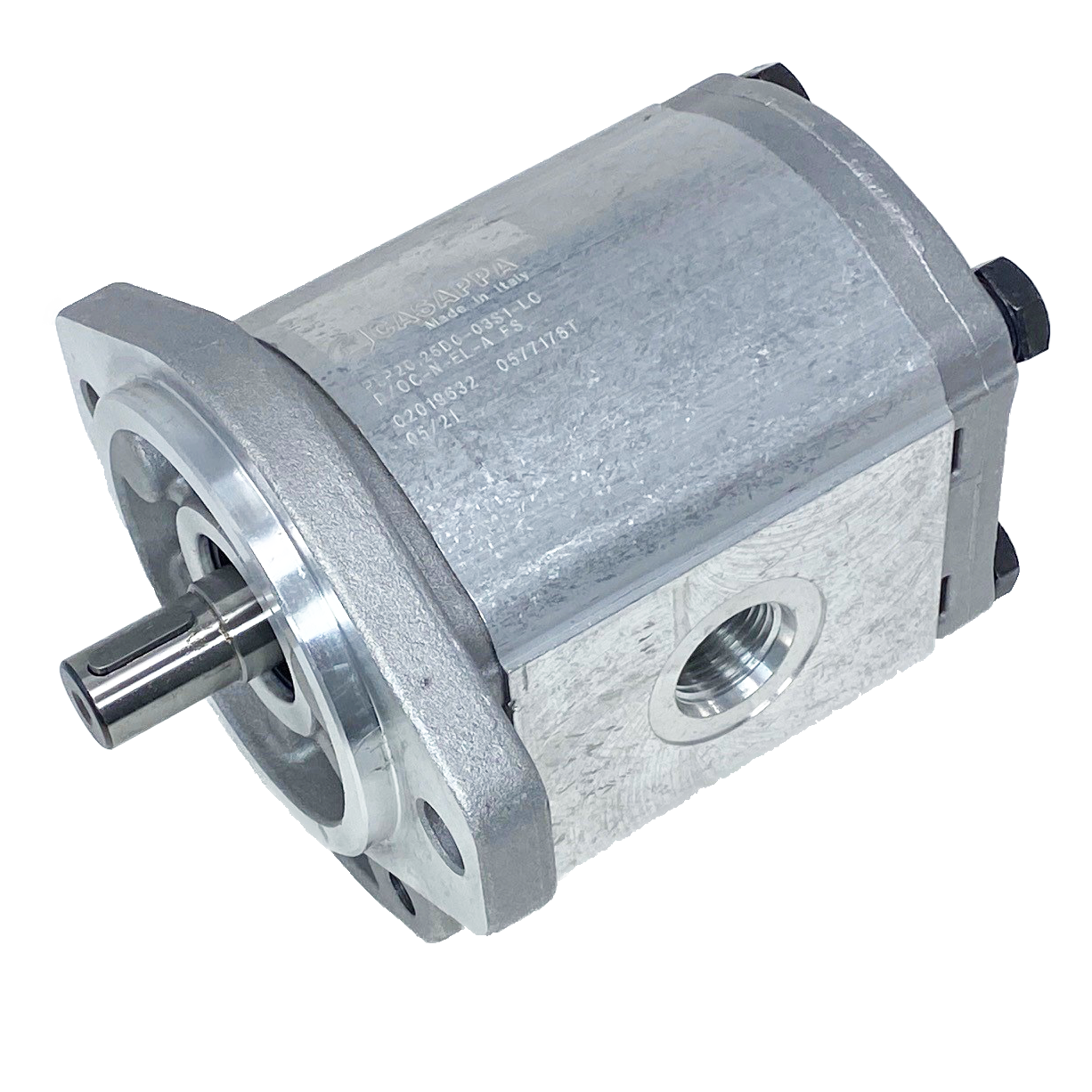 PLM20.25R0-31S1-LOC/OD-N-EL : Casappa Polaris Gear Motor, 26.42cc, 2465psi Rated, 3045RPM, Reversible Rear External Drain, 5/8" Bore x 5/32" Key Shaft, SAE A 2-Bolt Flange, 0.625 (5/8") #10 SAE Inlet, 0.75 (3/4") #12 SAE Outlet, Aluminum Body & Flange