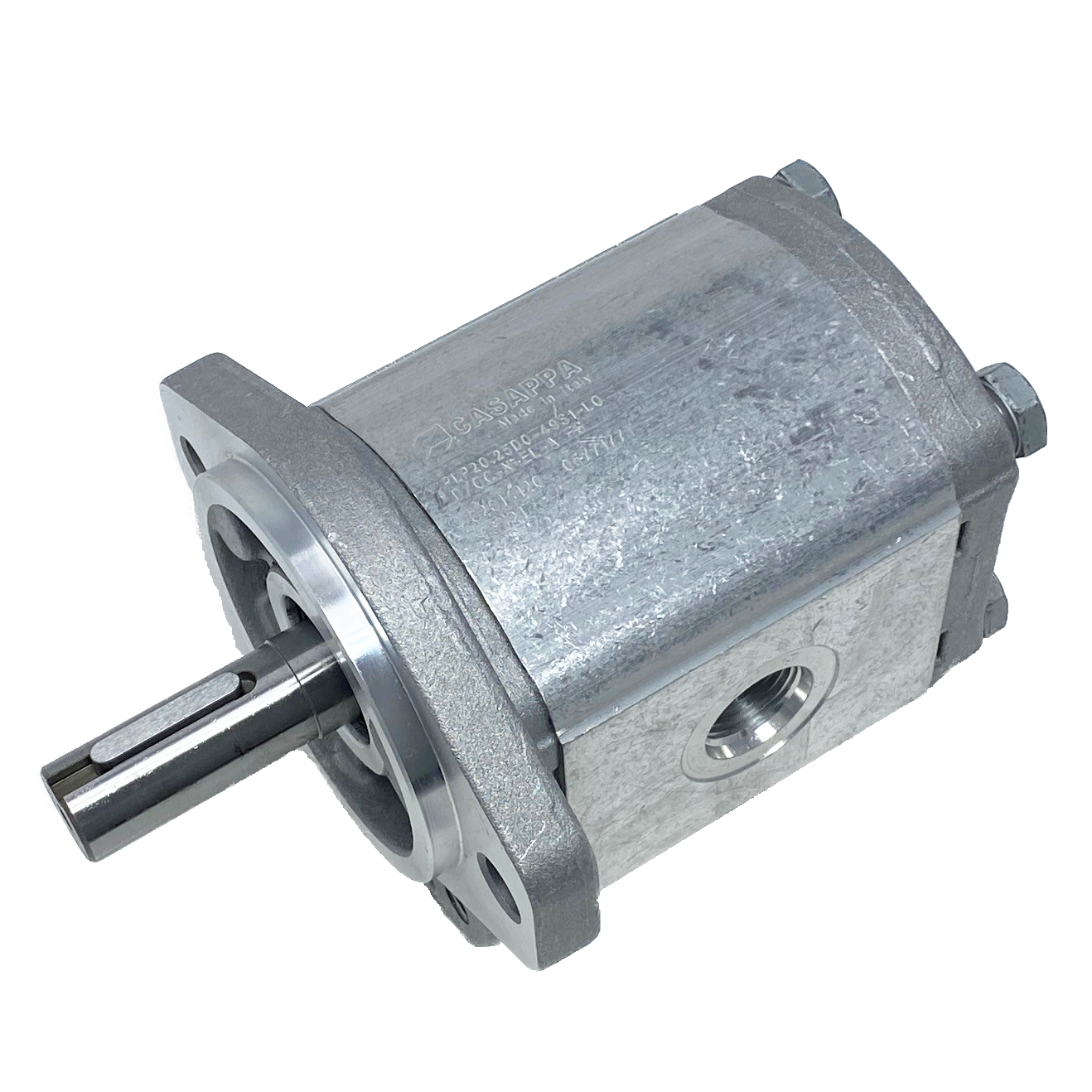 PLM20.25B0-49S1-LOC/OD-N-EL : Casappa Polaris Gear Motor, 26.42cc, 2465psi Rated, 3045RPM, Reversible Interior Drain, 3/4" Bore x 3/16" Key Shaft, SAE A 2-Bolt Flange, 0.625 (5/8") #10 SAE Inlet, 0.75 (3/4") #12 SAE Outlet, Aluminum Body & Flange