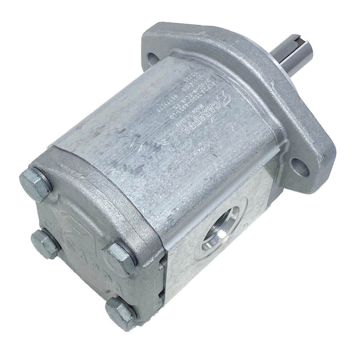 PHM20.27,8B0-49S9-LOC/OG-N-EL : Casappa Polaris Gear Motor, 28.21cc, 2900psi Rated, 2500RPM, Reversible Interior Drain, 3/4" Bore x 3/16" Key Shaft, SAE A 2-Bolt Flange, 0.625 (5/8") #10 SAE Inlet, 1.25" #20 SAE Outlet, Cast Iron Body, Aluminum Flange