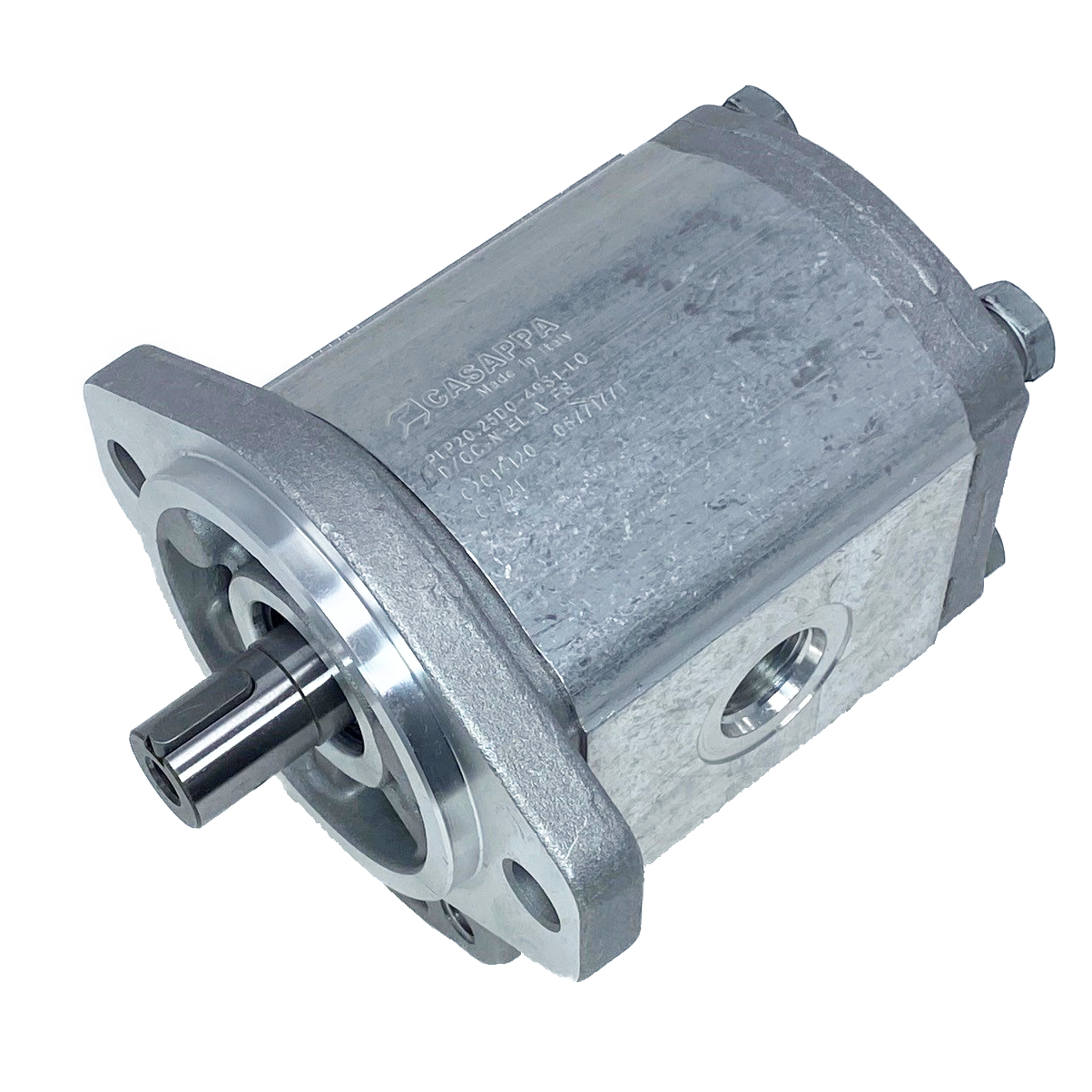 PHM20.25B0-50S9-LOC/OG-N-EL : Casappa Polaris Gear Motor, 26.42cc, 3335psi Rated, 3000RPM, Reversible Interior Drain, 3/4" Bore x 3/16" Key Shaft, SAE A 2-Bolt Flange, 0.625 (5/8") #10 SAE Inlet, 1.25" #20 SAE Outlet, Cast Iron Body, Aluminum Flange