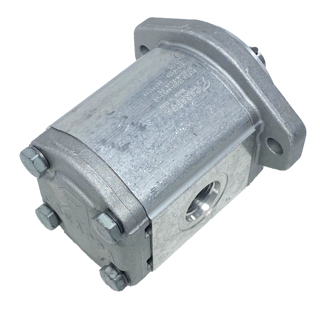 PHP20.27,8S0-50S9-LOG/OC-N-EL : Casappa Polaris Gear Pump, 28.21cc, 2900psi Rated, 2500RPM, CCW, 3/4" Bore x 3/16" Key Shaft, SAE A 2-Bolt Flange, 1.25" #20 SAE Inlet, 0.625 (5/8") #10 SAE Outlet, Cast Iron Body, Aluminum Flange