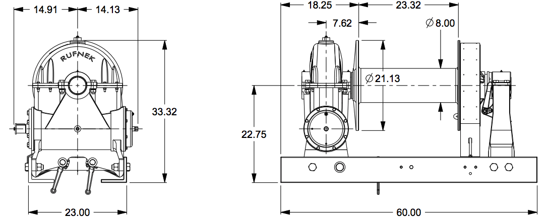 RN100WM-RFOMX : Tulsa Winch Rufnek-Series Worm Gear, 100,000 lbs Bare Drum Pull, 7 fpm Line Speed, 52,972 lbs Full Drum Pull, 14 fpm Full Line Speed, 7/8" - 487ft Capacity, Mechanical Clutch, No Hydraulic Motor