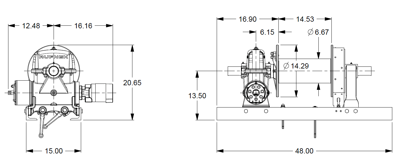 RN20WH-RFOM3 : Tulsa Winch Rufnek-Series Worm Gear, 20,000 lbs Bare Drum Pull, Mechanical Clutch, 25 GPM Hydraulic Motor