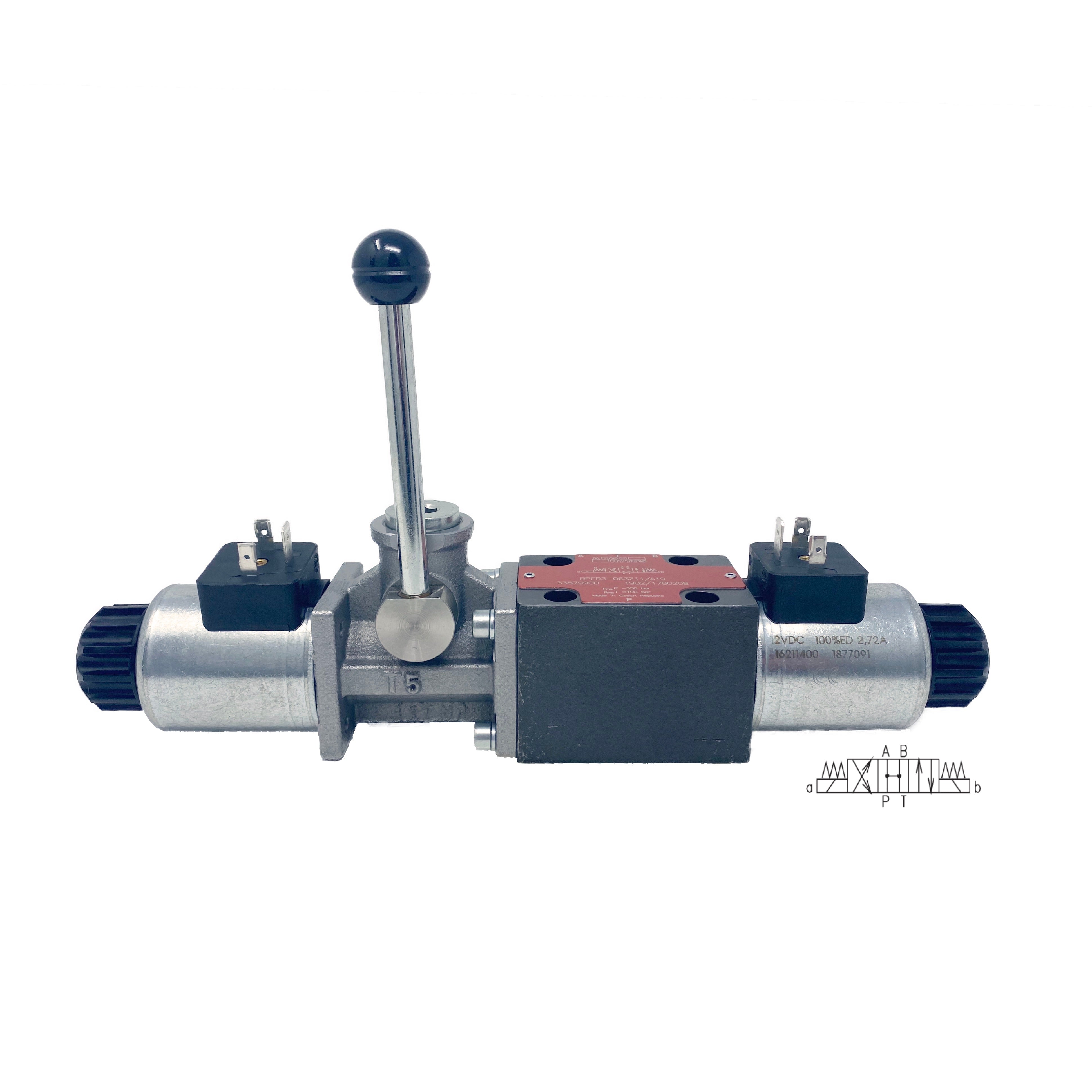 RPER3-063H11/02400E1/A19 : Argo Directional Control Valve w/ Override Lever, D03, 21GPM, 5100psi, 3P4W, 24 VDC, DIN, Spring Centered, All Ports Open in Neutral