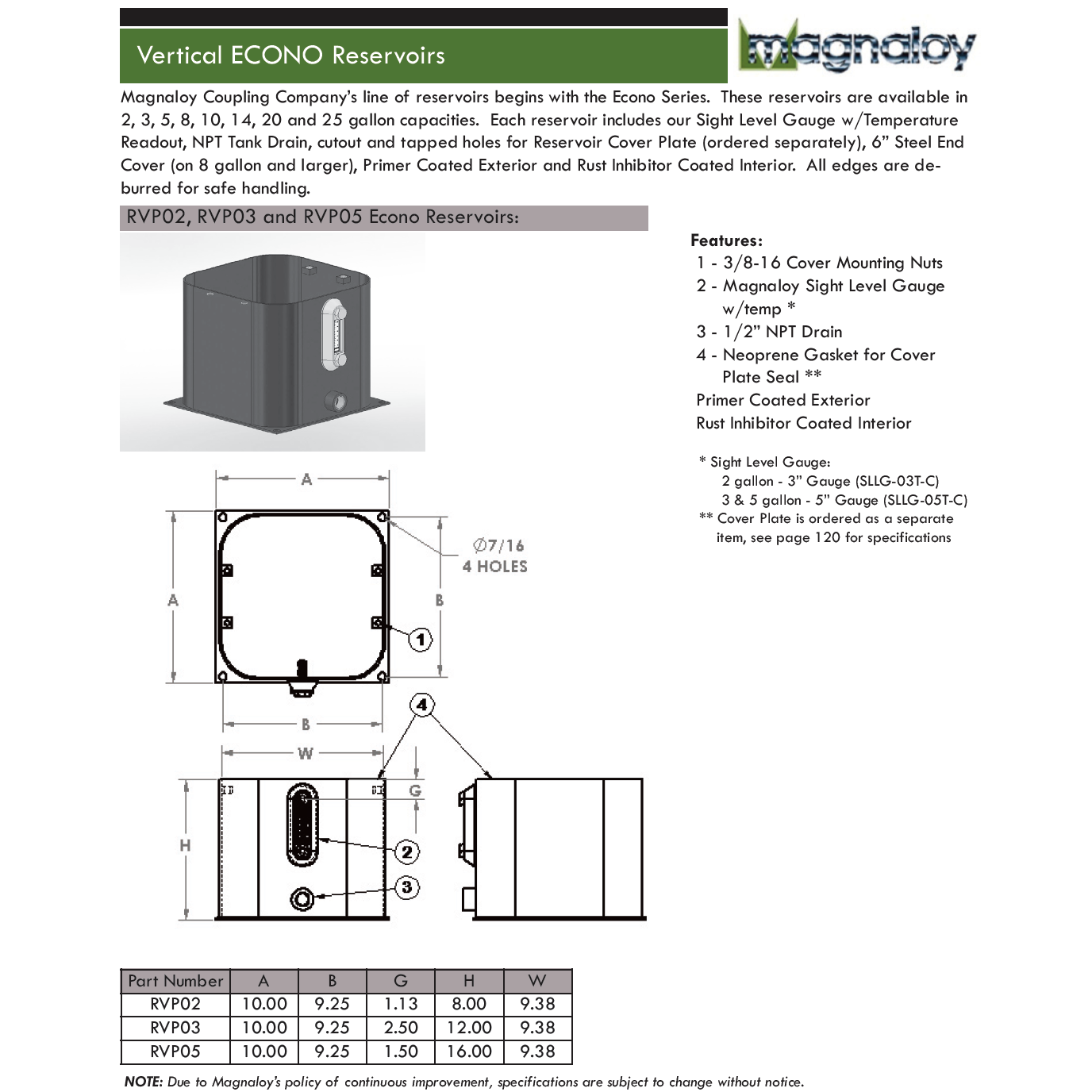 RVP02 : Magnaloy Reservoir, Vertical, Non-JIC, Bolt-On Top, Carbon Steel, 2-Gallon Capacity