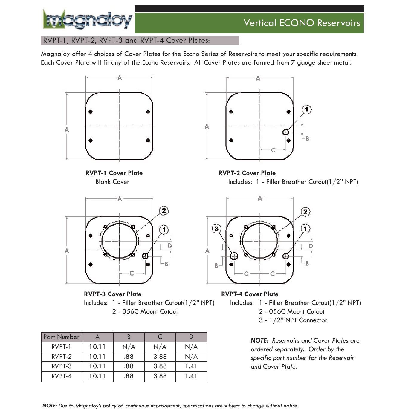 RVPT-1 : Magnaloy Reservoir Lid Cover Plate, Vertical Econo Series, 7GA, Blank Cover with Mounting Holes