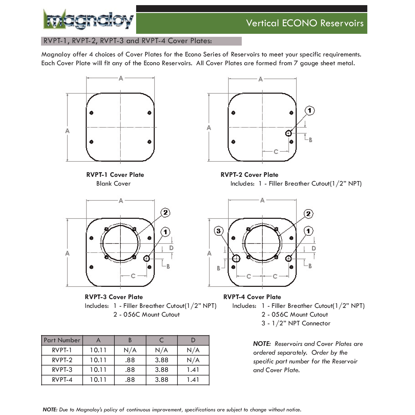 RVPT-3 : Magnaloy Reservoir Lid Cover Plate, Vertical Econo Series, 7GA, with Filler Breather & 56C Motor Cutout