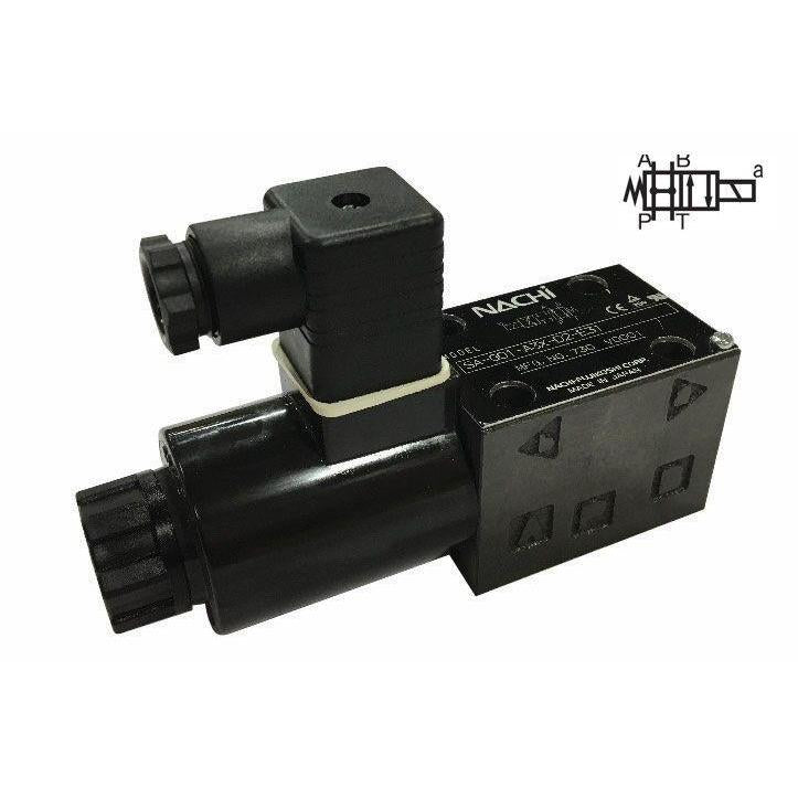 SA-G03-H4-C115-E21 : Nachi Solenoid Valve, 3P4W, D05 (NG10), 34.3GPM, 5075psi, All Ports Open Neutral, 110 VAC, DIN