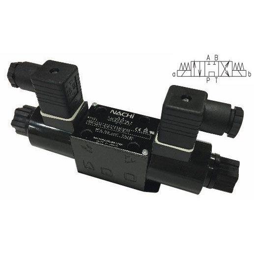 SA-G03-C7Y-D2-E21 : Nachi Solenoid Valve, 3P4W, D05 (NG10), 18.4GPM, 5075psi, P to T with A & B Blocked in Neutral, 24 VDC, DIN