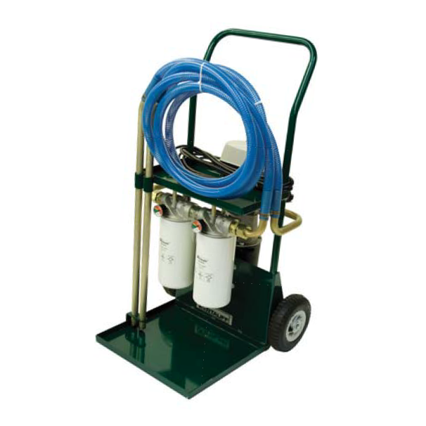 SCFC-05-G-2S-6726-6704-B-V-C : Stauff Filter Cart, 5GPM, two Single Heads, Stage 1 Synthetic 25 Micron, Stage 2 Synthetic 3 Micron, 115 VAC 60Hz motor, 10ft hoses, No Particle Monitor