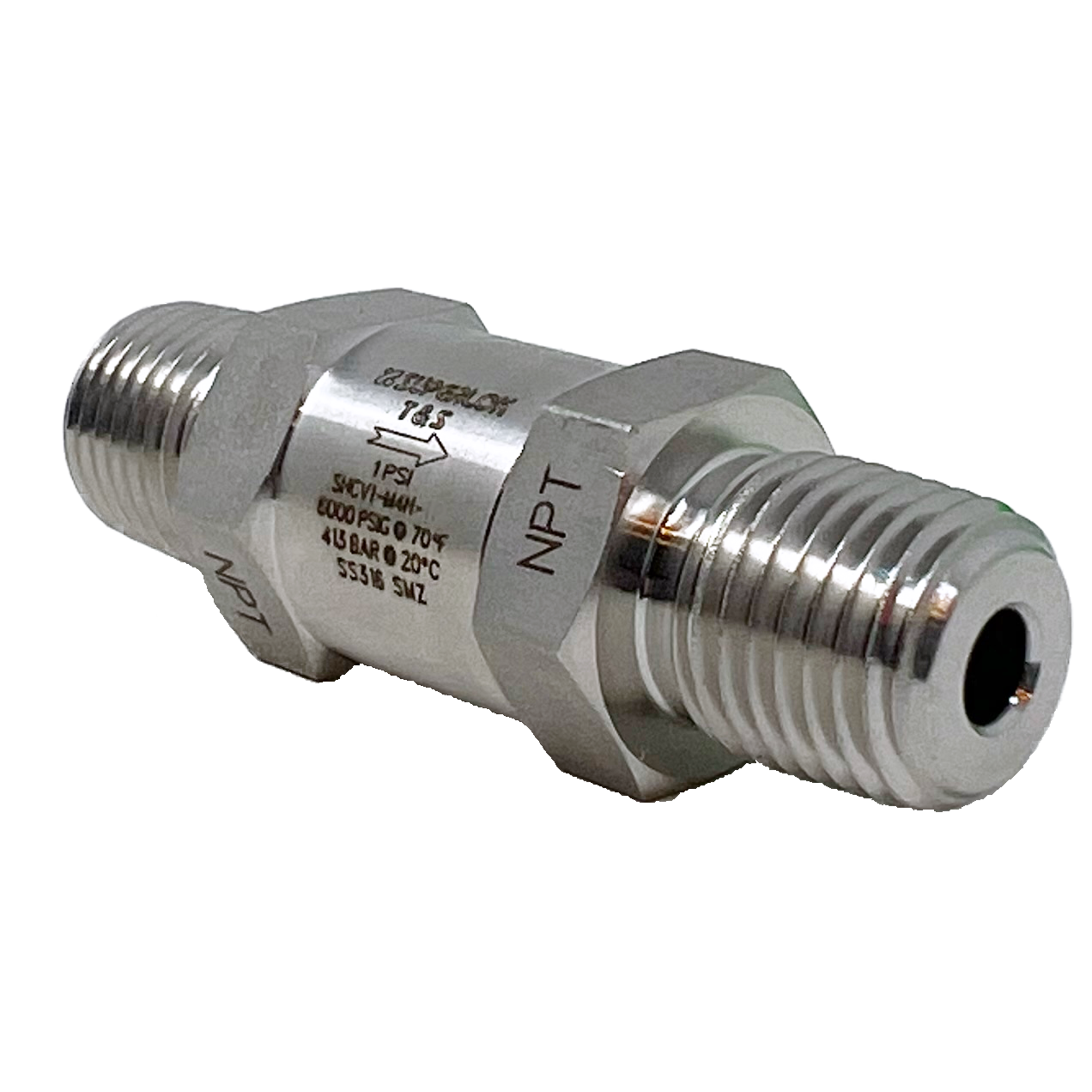 SHCV1-M-4N-1P-E : Superlok Inline Check Valve, 1/4" MNPT, 1psi Cracking, E.P. O-Ring, 6000psi, 316SS