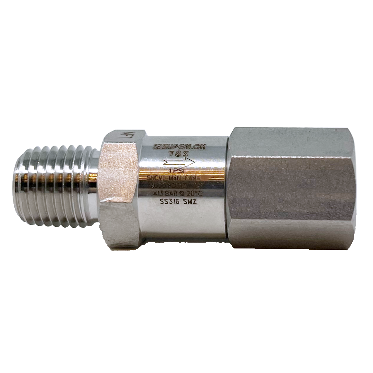 SHCV1-MF-4N-1P : Superlok Inline Check Valve, 1/4" MNPT X 1/4" FNPT, 1psi Cracking, 6000psi, 316SS