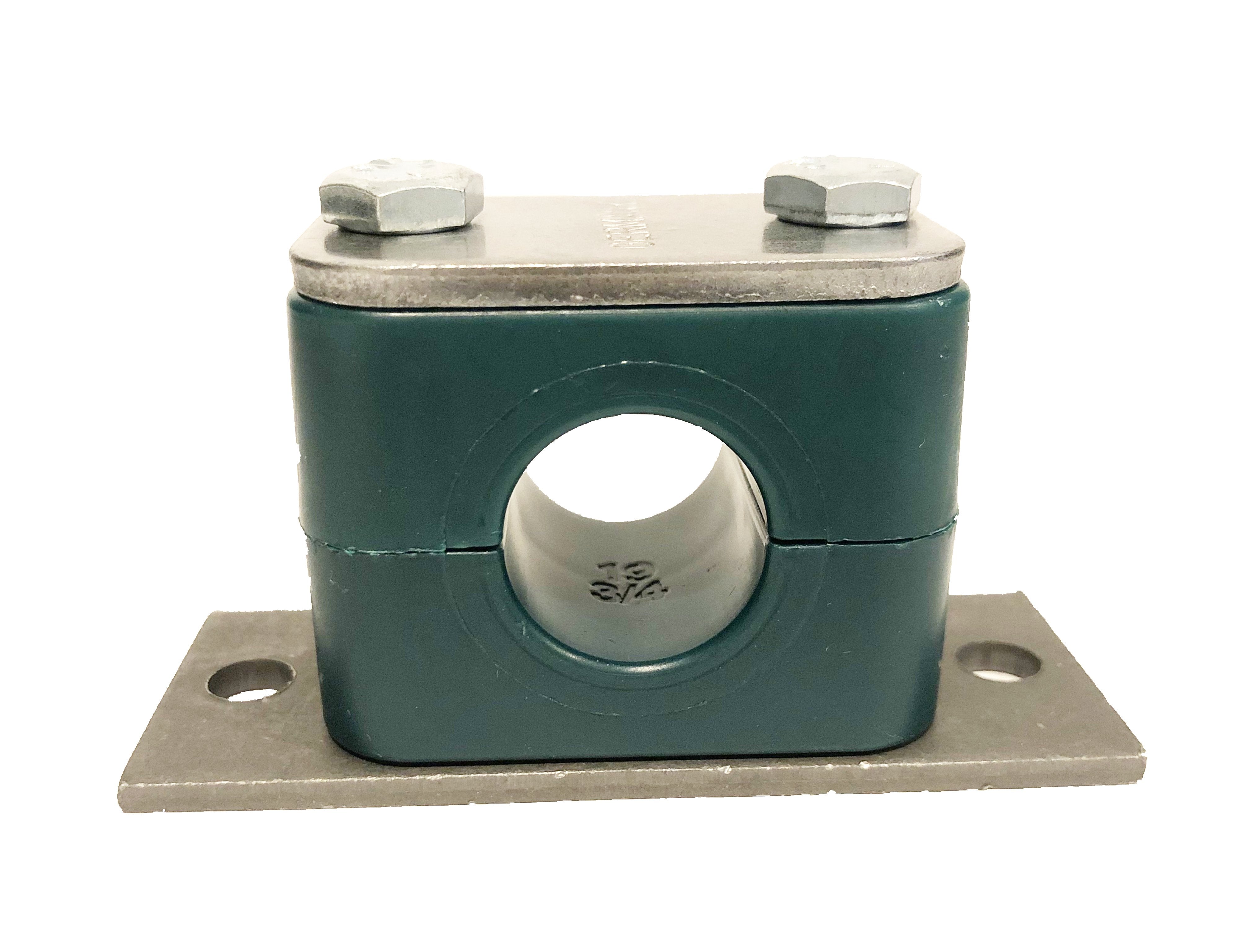 SPV-321.3-PP-H-DP-AS-U-W10 : Stauff Clamp, Elongated Weld Plate, 0.84" (21.3mm) OD, for 1/2" Pipe, Green PP Insert, Smooth Interior, Carbon Steel