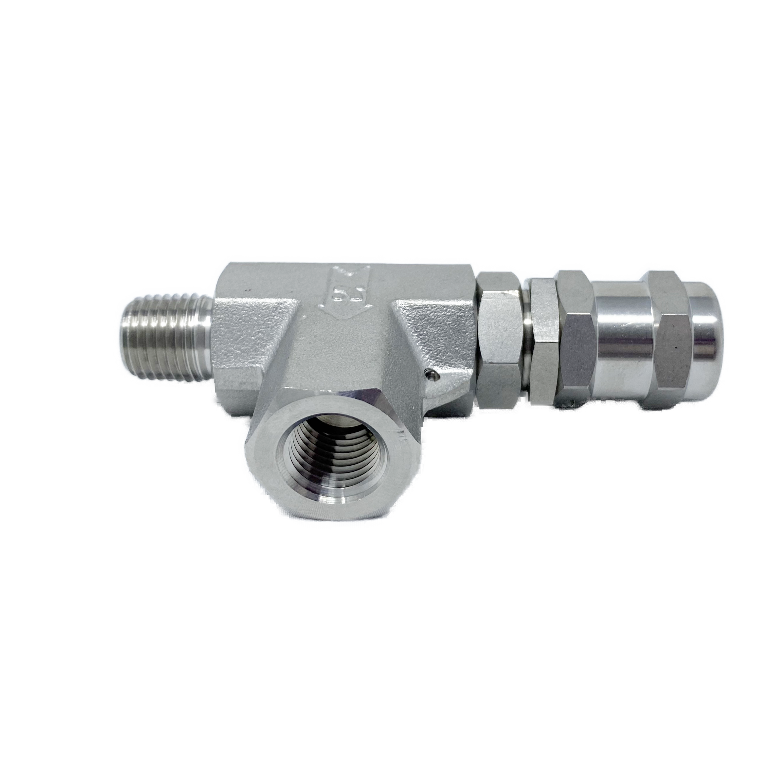 SRVH-MF-8N-N : Superlok Inline Relief Valve, 1/2" MNPT X 1/2" FNPT, Buna N Oring, No Spring, 6000psi, 225 to 6000psi adjustable range, 316SS