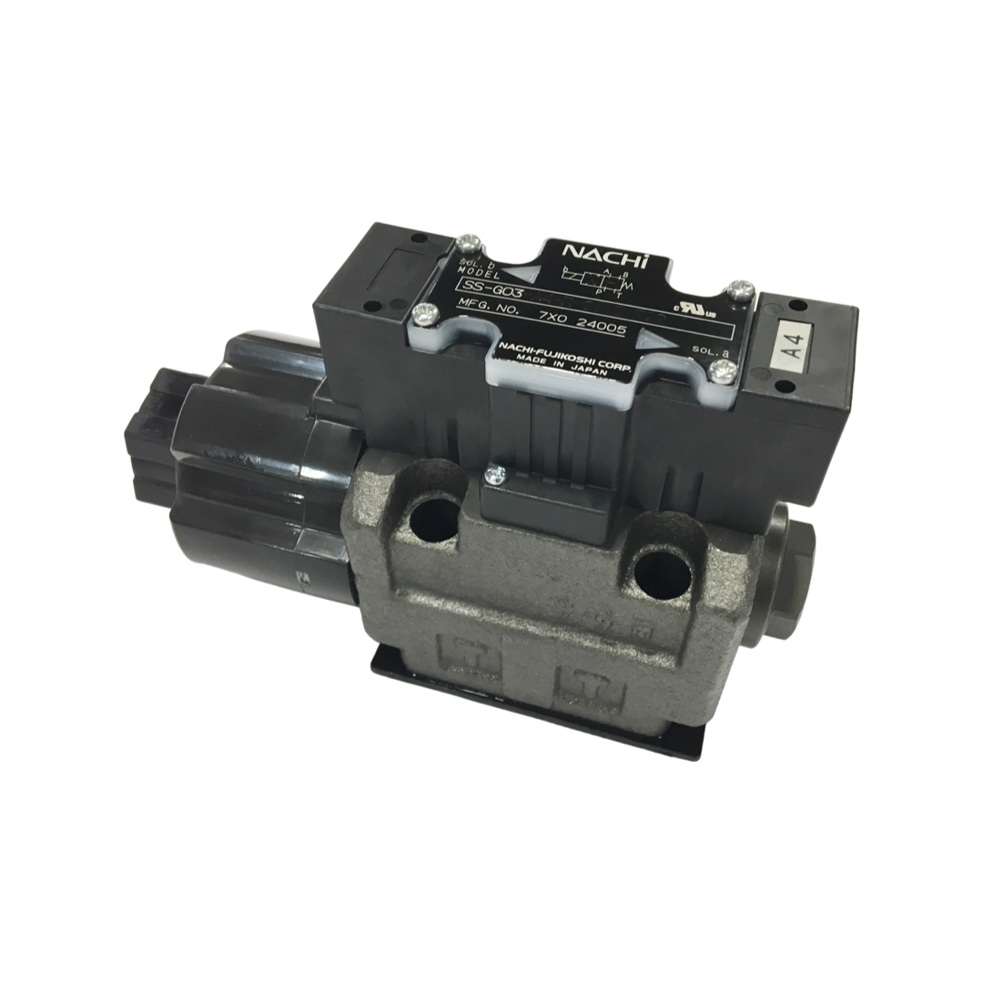 SS-G03-H5-R-C115-E22 : Nachi Solenoid Valve, 2P4W, D05 (NG10), 34.3GPM, 5075psi, All Ports Blocked Neutral, 110 VAC, Wiring Box with Lights