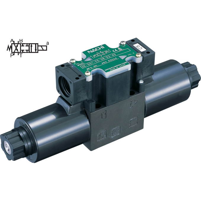SS-G03-H3X-FR-D2-E22 : Nachi Solenoid Valve, 3P4W, D05 (NG10), 34.3GPM, 5075psi, P to A, B to T in Neutral, 24 VDC, Wiring Box with Lights