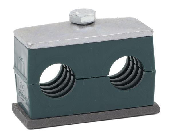 SP-217.2/17.2-PP-GD-AS-U-W10 : Stauff Stauff Twin Clamp, Single Weld Plate, 0.677 inch (17.2mm) OD, for 3/8" Pipe, Green Polypropylene, Profiled Interior, Carbon Steel