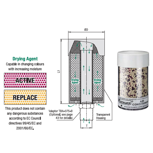 SVDB-096 : Stauff, Desiccant Breather : Stauff Desiccant Breather, Disposable, 3/4" BSP, 3.7 Dia, No Adapter Plate, No Indicator, Standard Drying Agent, No Check